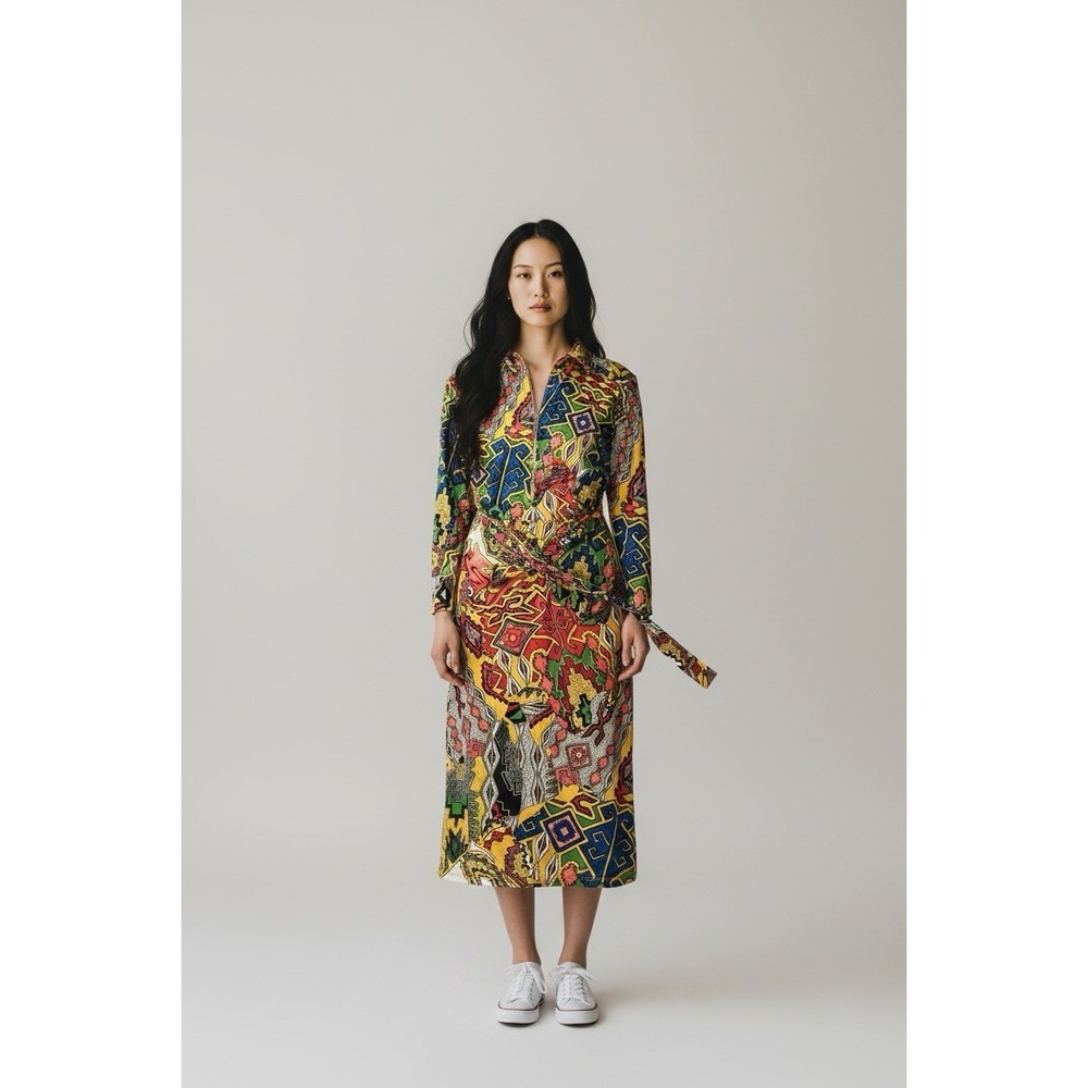Good Time USA 1X Plus Size Multicolor Abstract Belted Midi Dress 3/4 Sleeve NWT